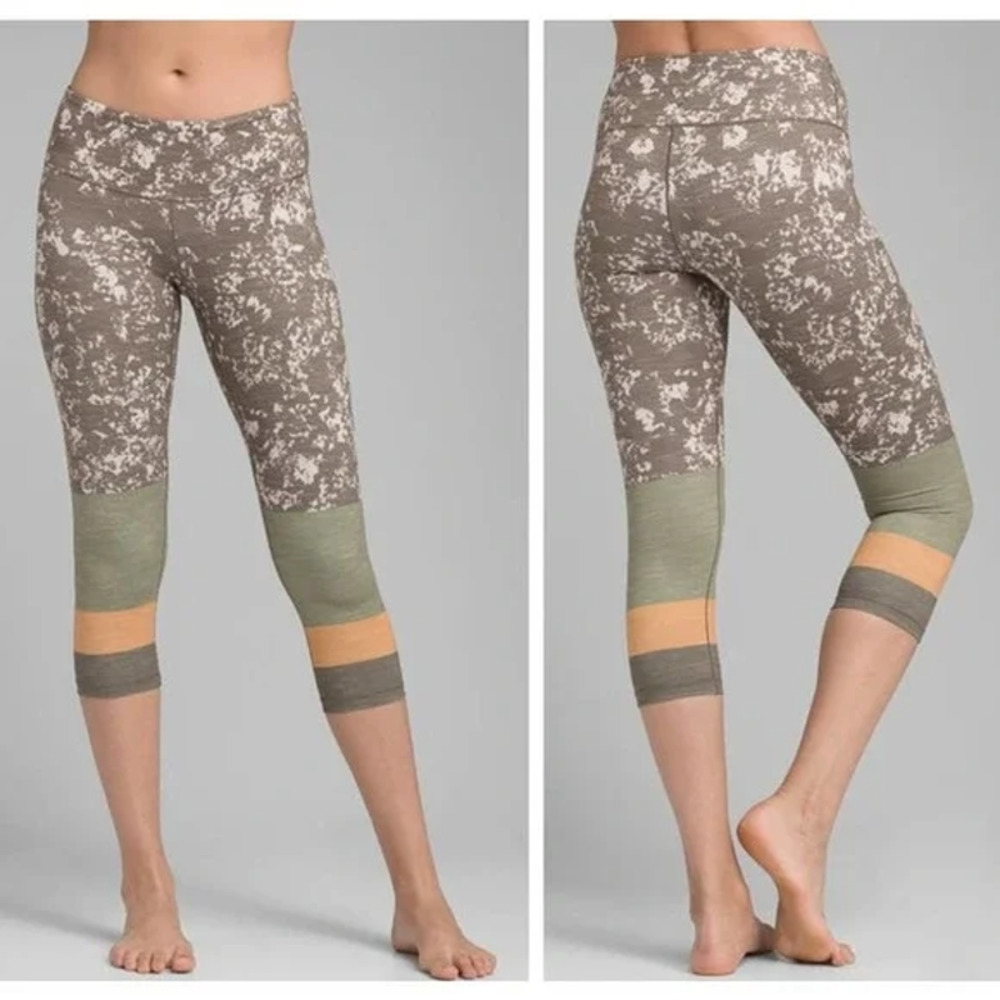Prana Taupe Patterned & Olive Capri Leggings with Peach Accent